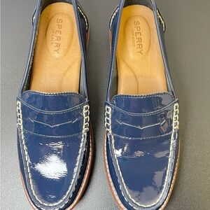 Sperry Navy Patent Penny Loafers with Tan Insole